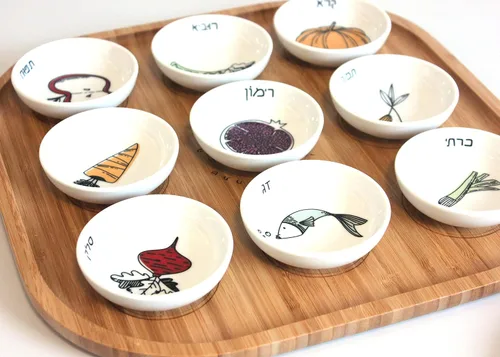 Miniatura 4 de Studio - Plato de alta calidad de Rosh Hashanah hecho a mano de 13 pulgadas, decoraciones y adornos de mesa judíos, viene con cuencos de cerámica