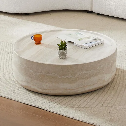 Miniatura 12 de JUSTONE Mesa de Centro Redonda para Sala de Estar, Mesa de Acento Moderna de 31.5 Pulgadas con Acabado de Piedra Artificial Beige Desgastado, Mesa
