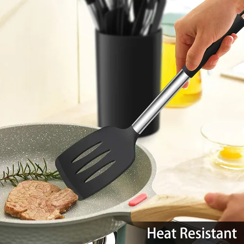 Miniatura 5 de LIANYU Juego de utensilios de cocina de 15 piezas con soporte, herramientas de cocina de silicona, mango de acero inoxidable, espátula ranurada