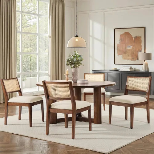 Miniatura 9 de HULALA HOME Juego de 2 sillas de comedor de ratán, sillas de cocina de madera maciza francesas para comedor con respaldo curvo, silla de cena