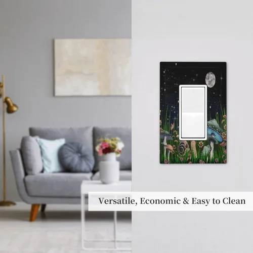 Miniatura 7 de Placa decorativa de pared con diseño de hongos, plantas, hojas, caracoles, luna, luz de luna, bosque de 1 banda, placa de pared decorativa GFCI