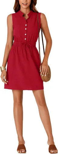 Miniatura 6 de LYANER Minivestido de trabajo con cuello en V para mujer, sin mangas, con botones en la parte delantera y cordón