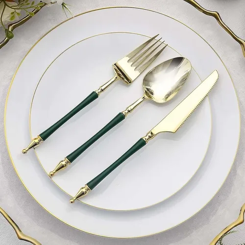 Miniatura 10 de Efavormart - Juego de 24 utensilios de plástico europeo con purpurina dorada con mango de columna romana, tenedor, cuchara y cuchillo desechables