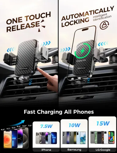 Miniatura 4 de Cargador inalámbrico de coche con soporte para teléfono, soporte de teléfono de carga rápida de 15 W, soporte de teléfono con abrazadera automática