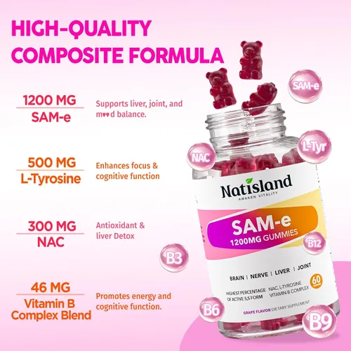 Miniatura 4 de SAM-e con gomitas de L-tirosina, complejo B metilado y NAC, suplemento SAM e de 1200 mg, folato de metilo y B12, para alivio del estrés y apoyo
