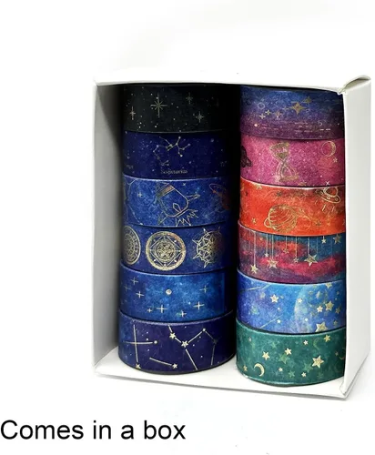 Miniatura 5 de allydrew Elegante caja de cinta washi de lámina dorada para artes y manualidades, álbumes de recortes, papelería, diario (12 rollos), galaxia