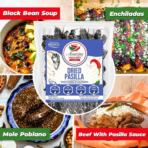 Miniatura 2 de Pasilla Chiles Secos 8 oz - Básico para cocina mexicana, topos, salsas, guisos, salsa, sopas. Calor suave – Punget y sabor picante. Bolsa