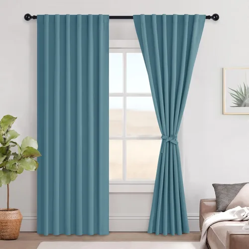Miniatura 37 de Hiasan Cortinas opacas negras para dormitorio, cortinas opacas cortas de 45 pulgadas de largo, con aislamiento térmico, bolsillo para barra