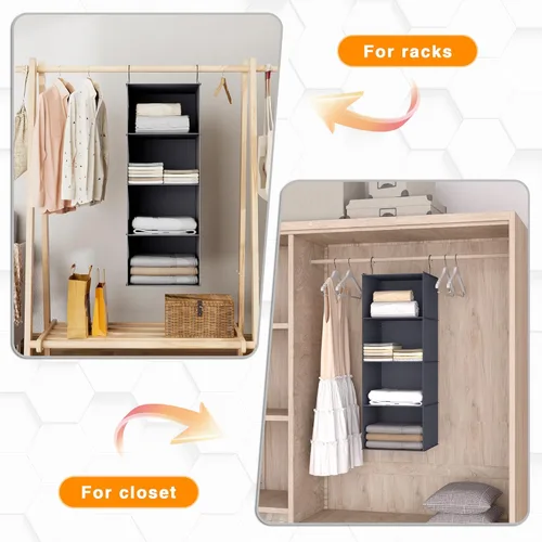 Miniatura 5 de Organizador colgante para armario, fácil de montar, estantes colgantes plegables con 4 compartimentos, para guardar ropa, bolsos, zapatos y Gris