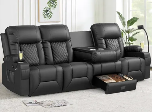 Miniatura 34 de FURNIMAT Sofá reclinable biplaza, sofá reclinable doble de 3 plazas con consola abatible, moderno sofá biplaza de cuero PU para sala de estar/casa