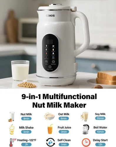 Miniatura 2 de GDOR Máquina inteligente de leche de nuez de 42 onzas, máquina de leche vegetal 9 en 1 para almendras, avena, soja, jugo y batidos, licuadora