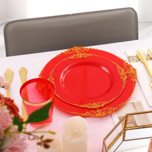 Miniatura 6 de Morejoy 175 platos de plástico rojo, platos desechables rojos con borde dorado, juego de vajilla de plástico rojo y dorado incluye: 50 platos, 25