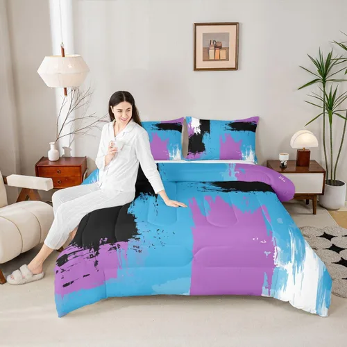 Miniatura 5 de Feelyou Edredón Abstracto Juego de edredón de arte abstracto moderno para niños y niñas, color morado, azul, negro, juego de ropa de cama para Multi