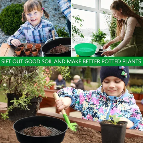 Miniatura 6 de Paquete de 4 tamices de compost para tierra de jardín, tamiz redondo de plástico para arena, juego de bandejas tamizadoras para jardinería y trabajo