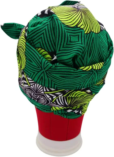 Miniatura 2 de Shop Asali's Satin Lined Bonnet Head Wrap - Kitenge/Ankara - Green, Lime Green, and White