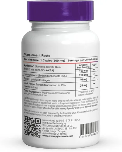 Miniatura 2 de Boswellia Serrata AprèsFlex® Advanced Joint Support - BSW-51 con ácido hialurónico, colágeno tipo II y piperina - 30 cápsulas, 860 mg cada una