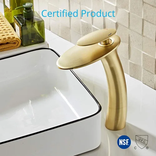 Miniatura 6 de Grifo de lavabo de baño de cascada de oro cepillado con montaje de drenaje desplegable, grifo de tocador de latón de un solo agujero, grifo