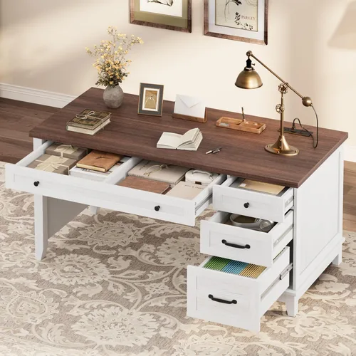 Miniatura 10 de CABIHOME Escritorio de oficina de granja con estación de carga y cajón de archivos, escritorio de madera para computadora de 53.5 pulgadas