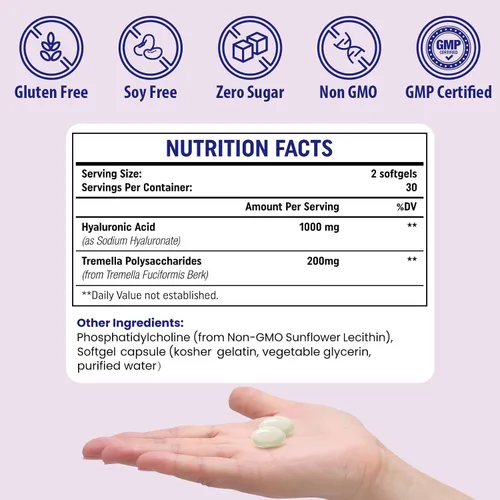 Miniatura 7 de Suplementos de ácido hialurónico liposomal de 1000 mg de alto biodisponibles cápsulas de ácido hialurónico dietético con polisacáridos de tremella