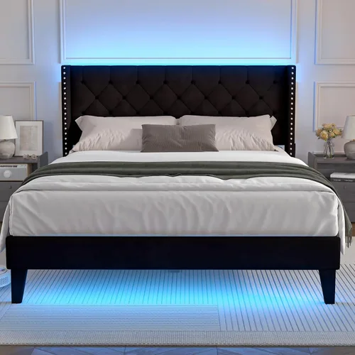 Miniatura 9 de Lihimte Marco de cama tamaño matrimonial con luces LED, base de cama plataforma tapizada en terciopelo con cabecero y estribo abotonado, soporte