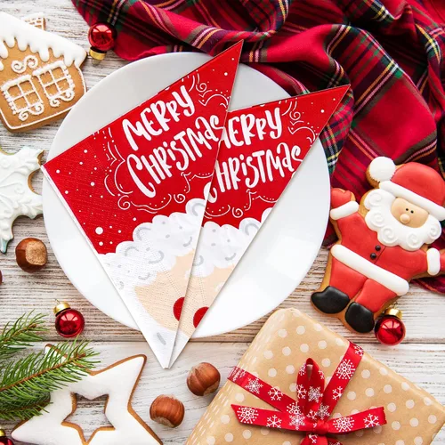 Miniatura 4 de Whaline Paquete de 100 servilletas de papel con diseño de Papá Noel, servilletas desechables rojas y blancas para el almuerzo, servilletas
