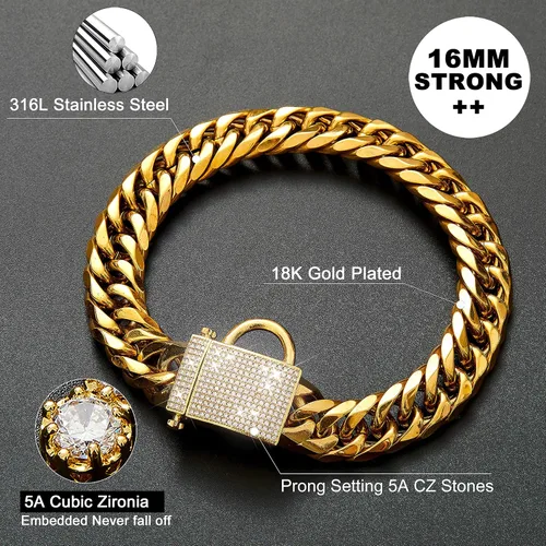 Miniatura 4 de PRADOG Collar de perro con cadena de oro con cierre de circonita, acero inoxidable de 18 quilates, collar de metal resistente para cachorros, collar
