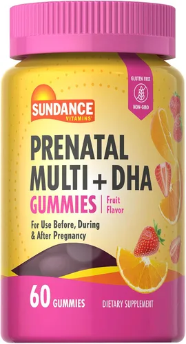 Sundance Gomitas prenatales de vitamina para mujeres, con DHA y folato, 60 unidades, sabor a fruta, para uso antes, durante y después del embarazo,
