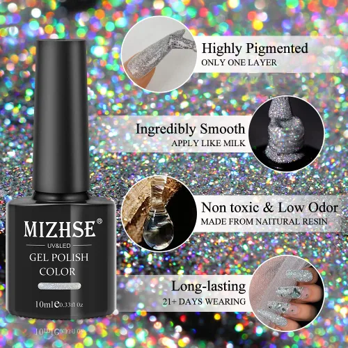 Miniatura 7 de MIZHSE Esmalte de uñas de gel con brillantina, esmalte de uñas de gel plateado brillante con diamantes, esmalte de gel reflectante con purpurina