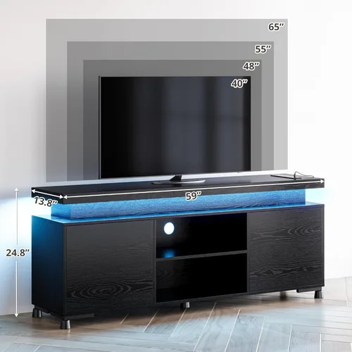 Miniatura 4 de IRONCK Soporte de TV para TV de 65 pulgadas, consola de TV con luces LED y toma de corriente, centro de entretenimiento con armarios y estantes