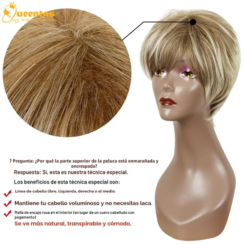 Miniatura 4 de QUEENTAS Pixie - Pelucas rubias cortas en capas para mujeres blancas y negras, cabello sintético (rubio mezclado con marrón)