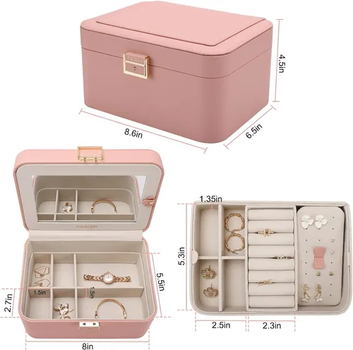 Miniatura 6 de KAMIER Joyeros para mujer 2 capas de piel sintética caja de joyería de viaje gran capacidad doble cerradura y espejo grande ganchos ocultos