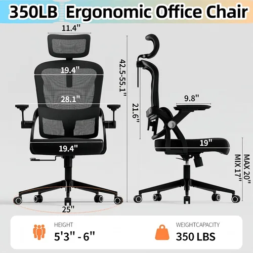 Miniatura 2 de Silla de oficina ergonómica, sillas de escritorio cómodas de 350 libras con reposacabezas ajustable y soporte de espalda lumbar, sillas de negro