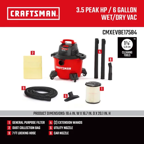 Miniatura 3 de CRAFTSMAN CMXEVBE17584 Aspiradora húmeda y seca de 6 galones, 3.5 pico de HP, aspiradora portátil para tienda húmeda y seca con filtro, bolsa