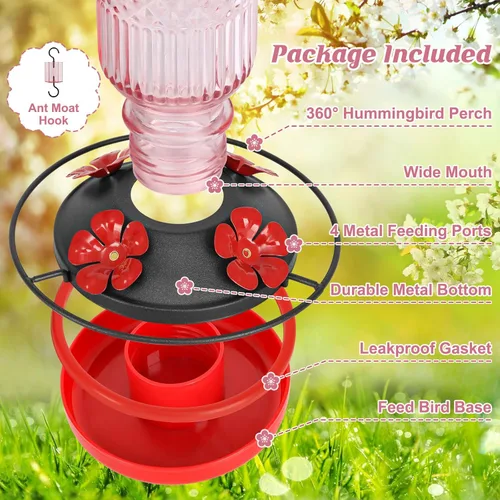 Miniatura 3 de Comederos de vidrio para colibríes FEED GARDEN para exteriores, comedero para colibríes rosa de 16 OZ con 4 puertos de alimentación con protección