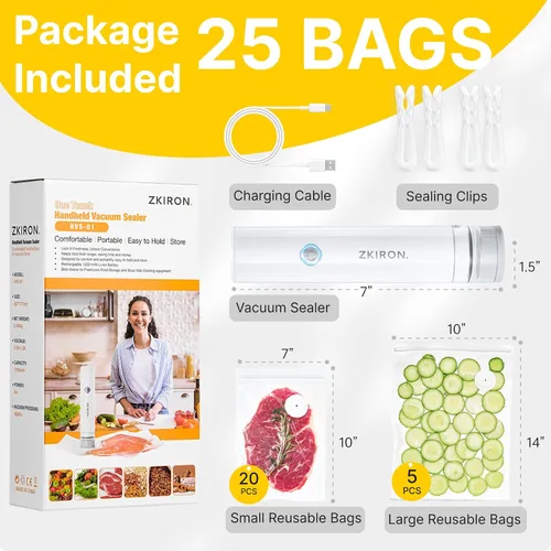 Miniatura 7 de ZKIRON OneTouch Selladora al Vacío Portátil con 25 Bolsas de Vacío Reutilizables – Selladora de Alimentos Portátil y Compacta con Succión