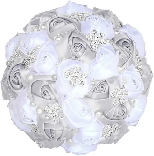 Miniatura 10 de Sharebeauty Ramo de novia de satén hecho a mano de 5.9 pulgadas, ramo de boda, ramo de flores artificiales, color azul claro + blanco W224
