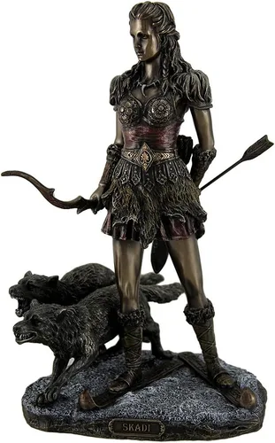 Veronese Design Skadi - Escultura de esquí nórdico de 10 7/8 pulgadas, diosa del invierno y las montañas con lobos, resina fundida en frío, acabado
