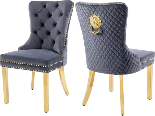 Miniatura 14 de KCC Juego de 2 sillas de comedor tapizadas de terciopelo, modernas sillas capitoné con botones con anillo de cabeza de león y patas de acero Patas