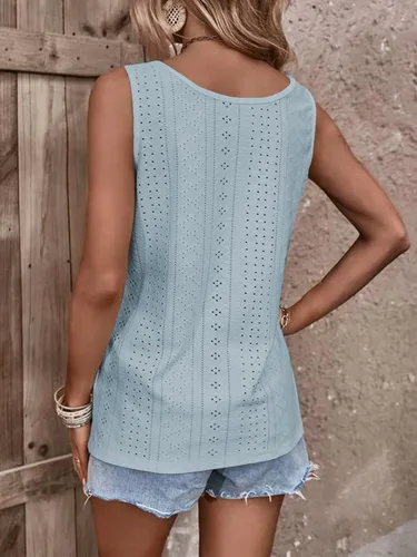 Miniatura 6 de ELGOGY Camisetas sin mangas para mujer, cuello redondo, con ojales, ajuste holgado, básicas, de color sólido, casual, de verano