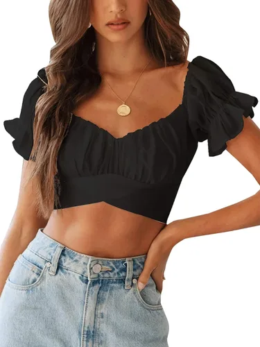 LYANER - Blusa ombliguera para mujer de manga corta con volantes, nudo en la espalda y hombros descubiertos, blusa estilo Bardot