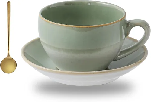 Miniatura 13 de Taza de Cerámica para Arte Latte con Platillo - 10 oz, Fondo Redondo para Vertidos Perfectos - Tazas de Café para Capuchino, Espresso, Café, Té