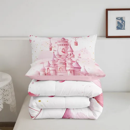 Miniatura 4 de Feelyou Juego de edredón de castillo rosa para niños, tamaño individual, juego de ropa de cama de princesa para niños y niñas, inserto de edredón