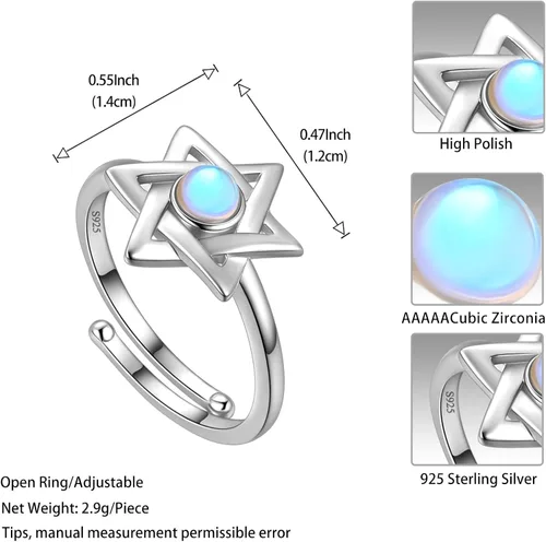 Miniatura 50 de Jewmon Anillo de plata de ley con estrella de David para mujer – Anillo ajustable Magen David – Amuleto Wicca – Regalos judíos