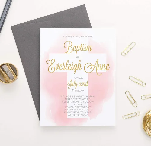Miniatura 3 de Invitaciones de bautismo en acuarela rosa y dorada para niñas, invitaciones de bautismo personalizadas para niñas, tu elección