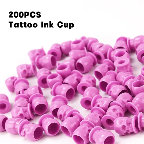 Miniatura 23 de Tapas de tinta de tatuaje, vasos desechables de tinta de tatuaje de calavera, 200 unidades, tapas de tinta de plástico para tatuajes, maquillaje
