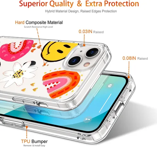 Miniatura 4 de Funda para iPhone 13 con protector de pantalla, transparente con diseño floral para niñas y mujeres, a prueba de golpes, con funda de parachoques