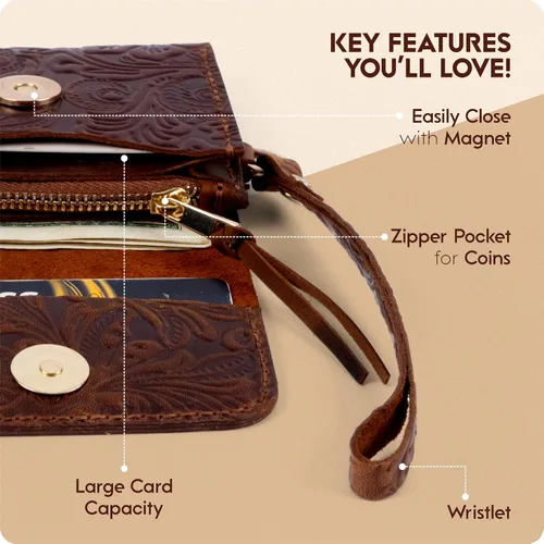 Miniatura 35 de Toros Craft Handmade Leather Wallets for Women, Western Wristlet Wallets, Floral Leather Small Credit Card Holder with Zipper, Minimalist & Cute