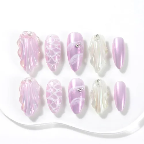 Miniatura 36 de Sun&Beam Nails Uñas a presión hechas a mano medianas con diseño de concha rosa metálica con acabado brillante, 10 piezas para uso diario y ocasiones