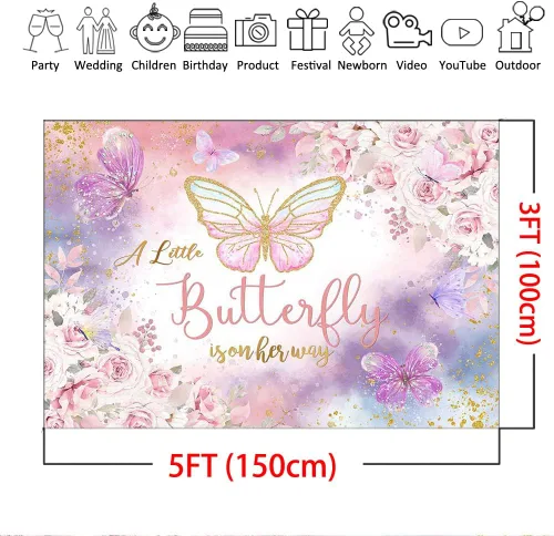 Miniatura 4 de Mocsicka Telón de fondo floral de mariposa para baby shower, acuarela rosa y morado floral, A Little Butterfly is On Her Way Girl Baby Shower