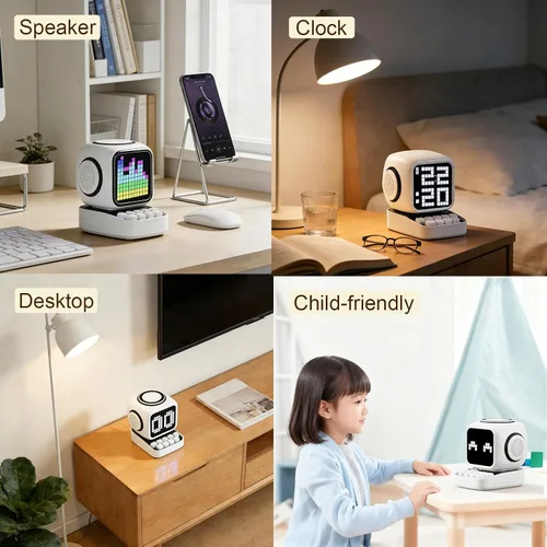 Miniatura 7 de Altavoz Bluetooth con pantalla LED clásica de 11 x 11 píxeles, altavoces de escritorio compatibles con carga inalámbrica para iPhone
